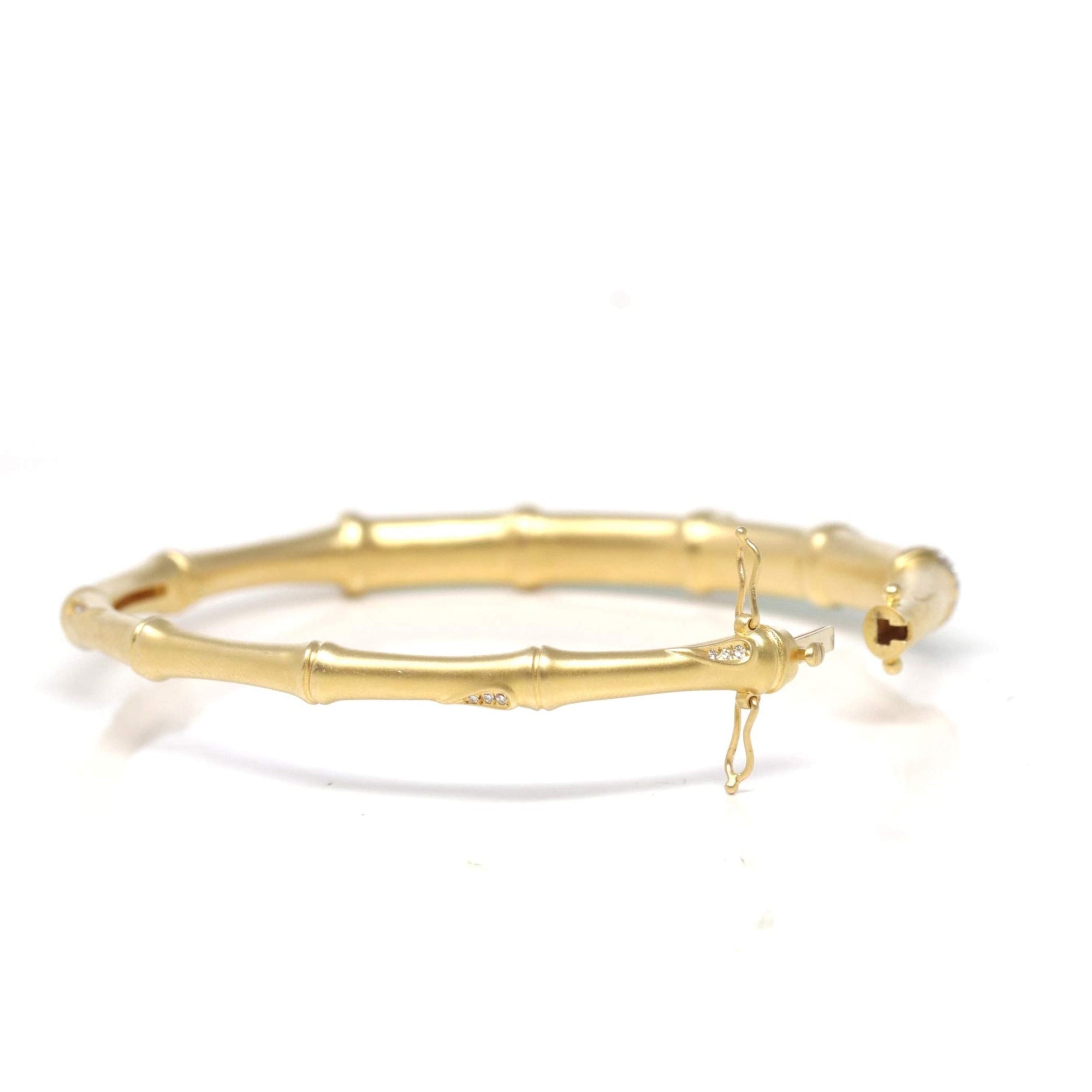 High-End Natural Imperial Green Jadeite Jade 18ky Gold "Bamboo" Bangle Bracelet W/ Natural Diamonds