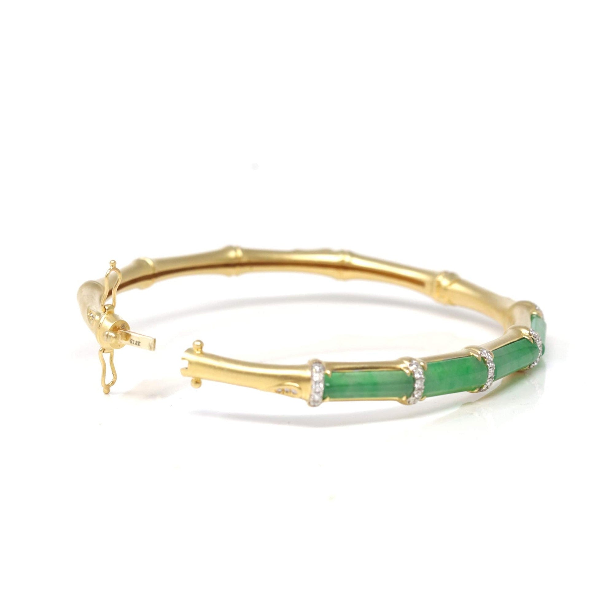 High-End Natural Imperial Green Jadeite Jade 18ky Gold "Bamboo" Bangle Bracelet W/ Natural Diamonds