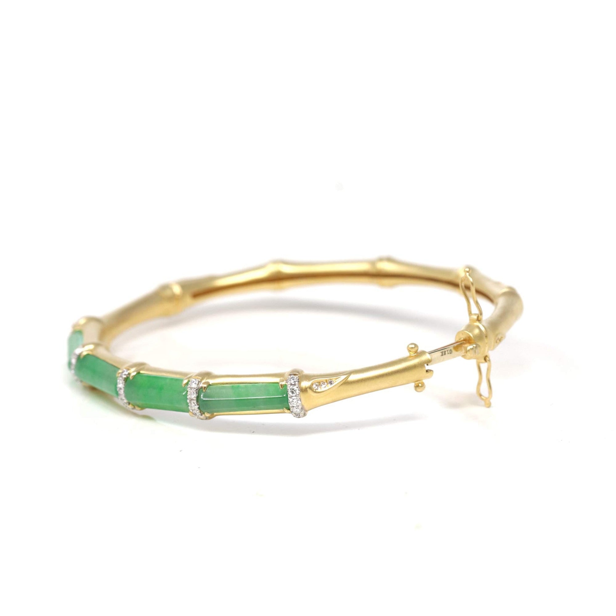High-End Natural Imperial Green Jadeite Jade 18ky Gold "Bamboo" Bangle Bracelet W/ Natural Diamonds