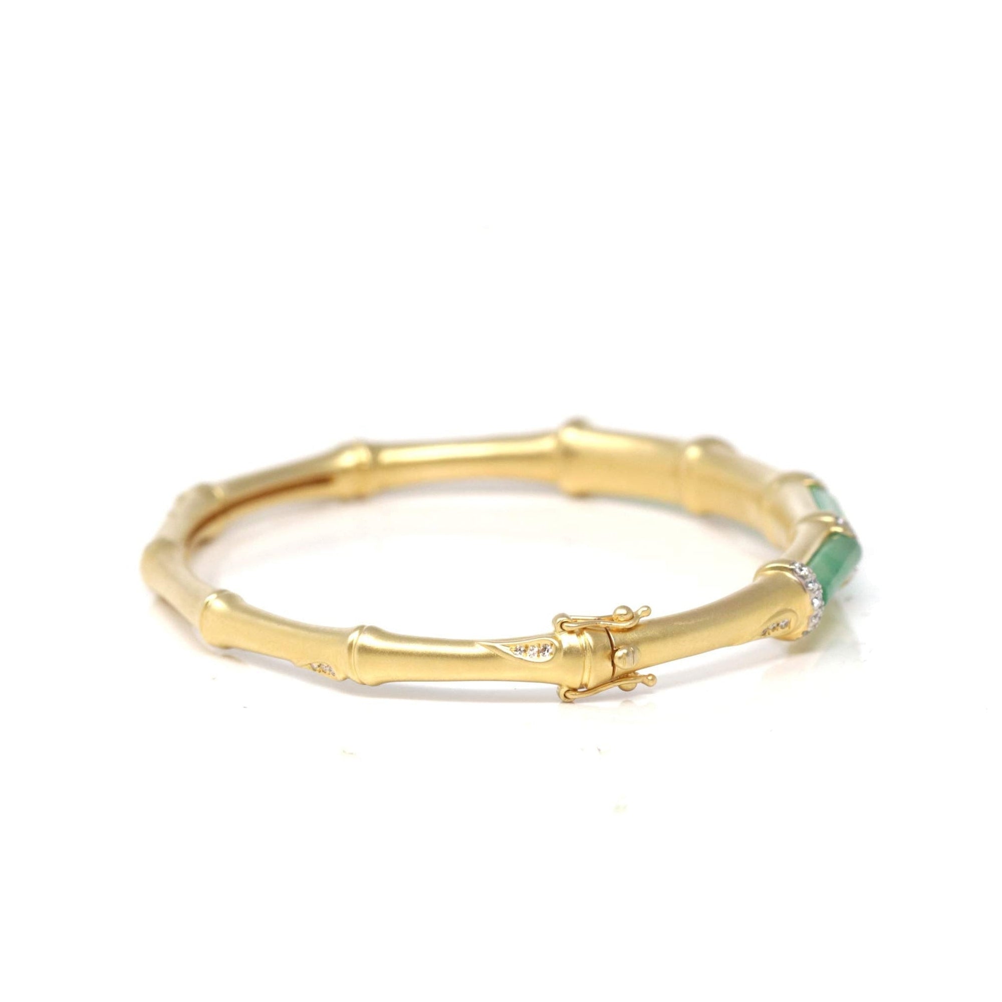 High-End Natural Imperial Green Jadeite Jade 18ky Gold "Bamboo" Bangle Bracelet W/ Natural Diamonds