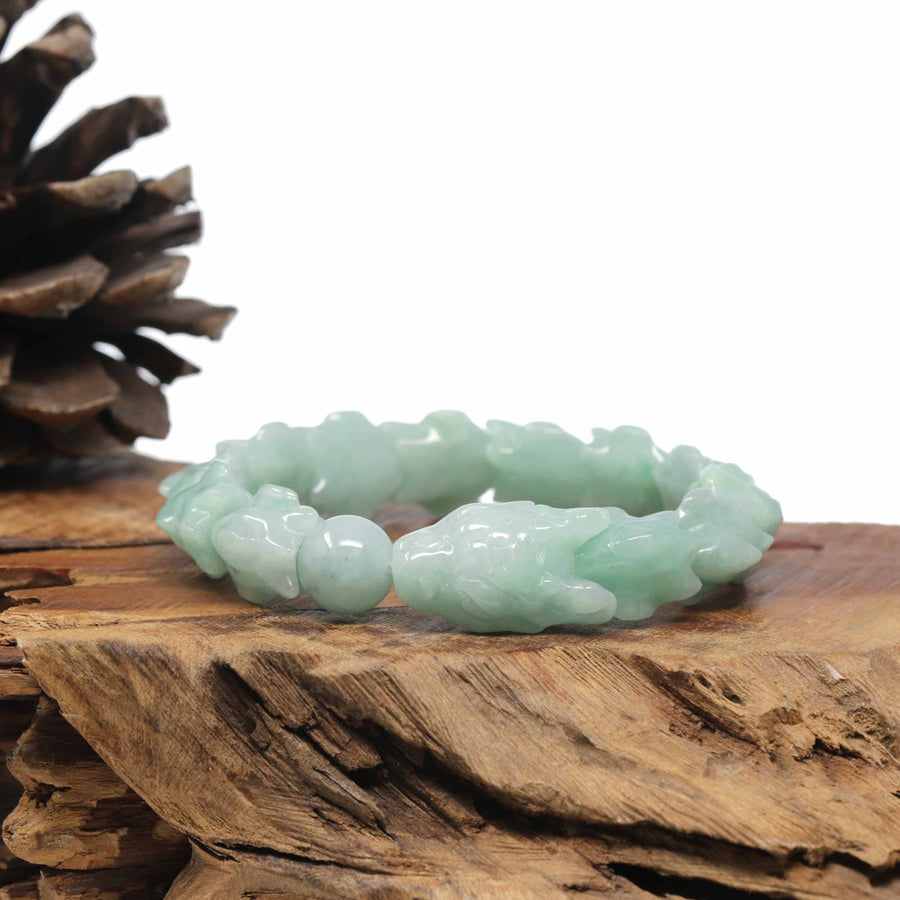 Baikalla Natural Light Apple-Green Jadeite Jade "Dragon" Bead Bracelet