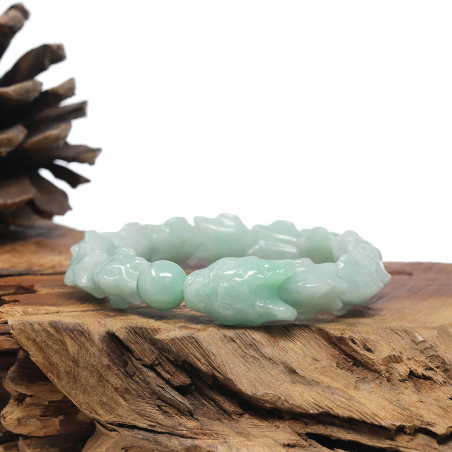 Baikalla Natural Light Apple-Green Jadeite Jade "Dragon" Bead Bracelet