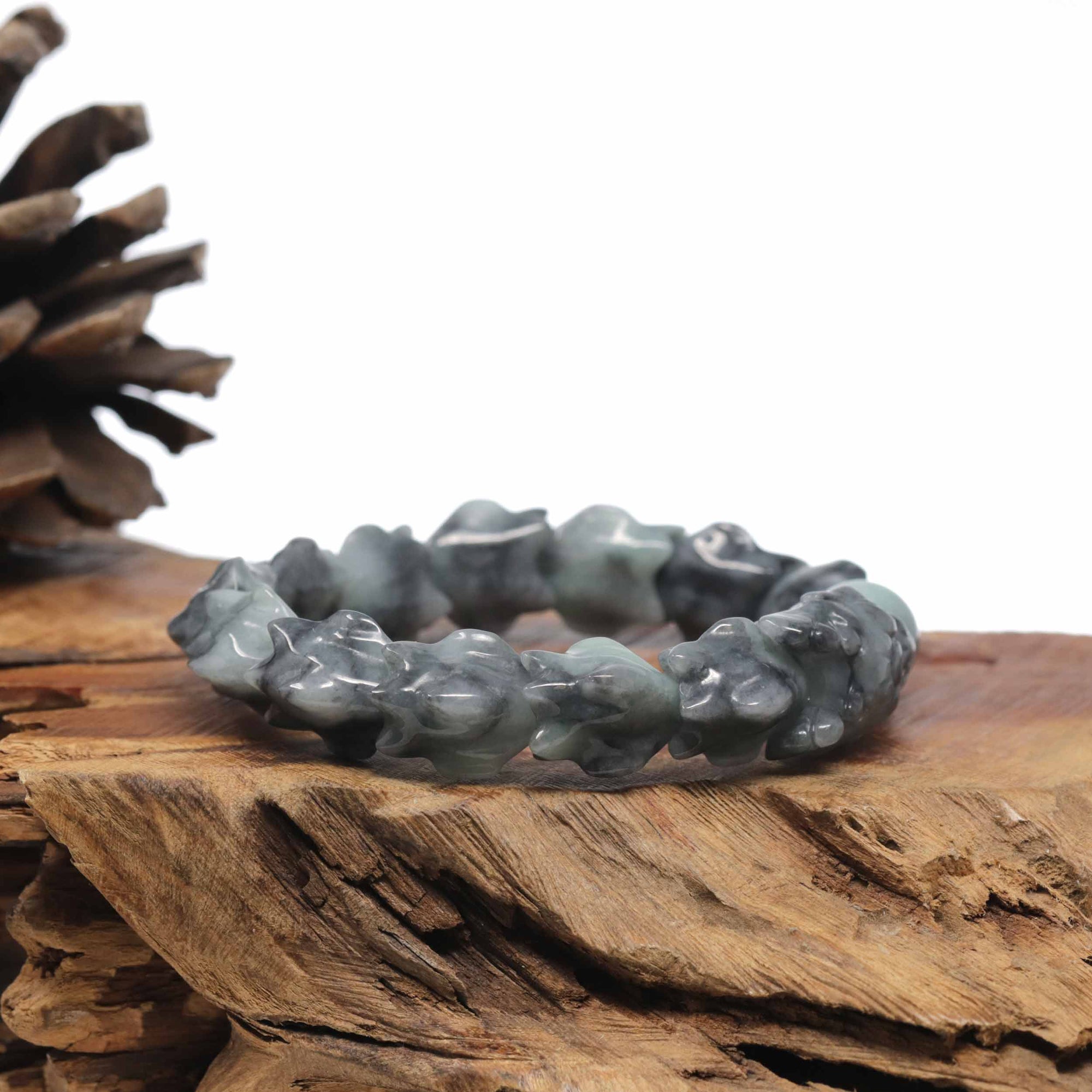 Baikalla Natural Black Wuji &amp; Light Green Jadeite Jade "Dragon" Bead Bracelet