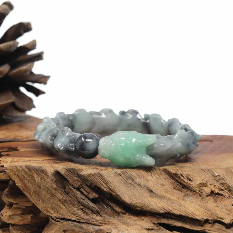 Baikalla Natural Apple-Green & Black Wuji Jadeite Jade "Dragon" Bead Bracelet