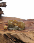 Baikalla Natural Deep Yellow Green Jadeite Jade "PiXiu" Pendant W/ 18ky Gold Bail