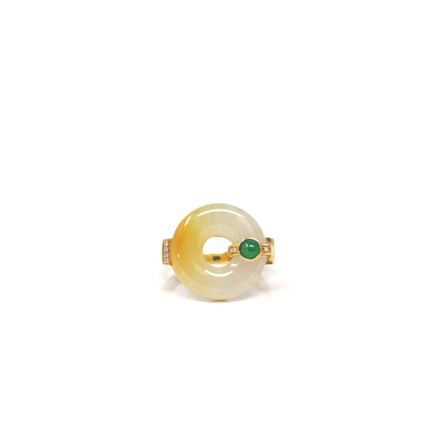 Baikalla Natural Yellow & Imperial Green Jadeite Jade "Ping An Kou" 18ky Gold Ring #6.75