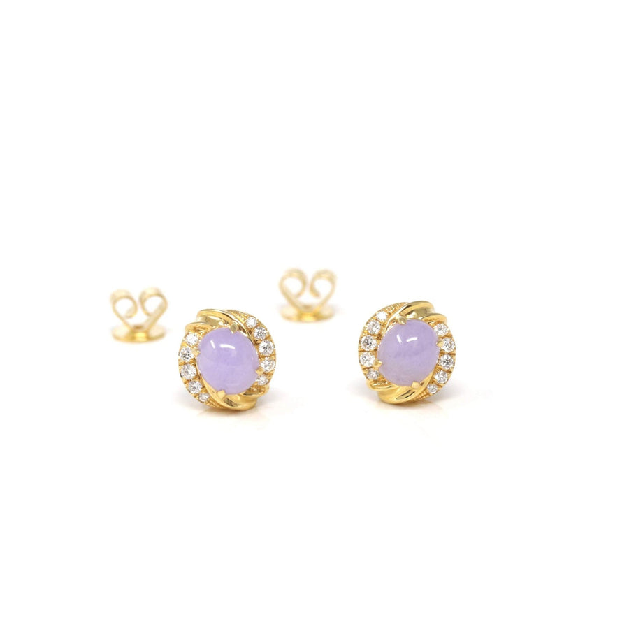 Baikalla 18ky Gold Natural Lavender Jadeite Jade Stud Earrings W/ Natural Diamonds