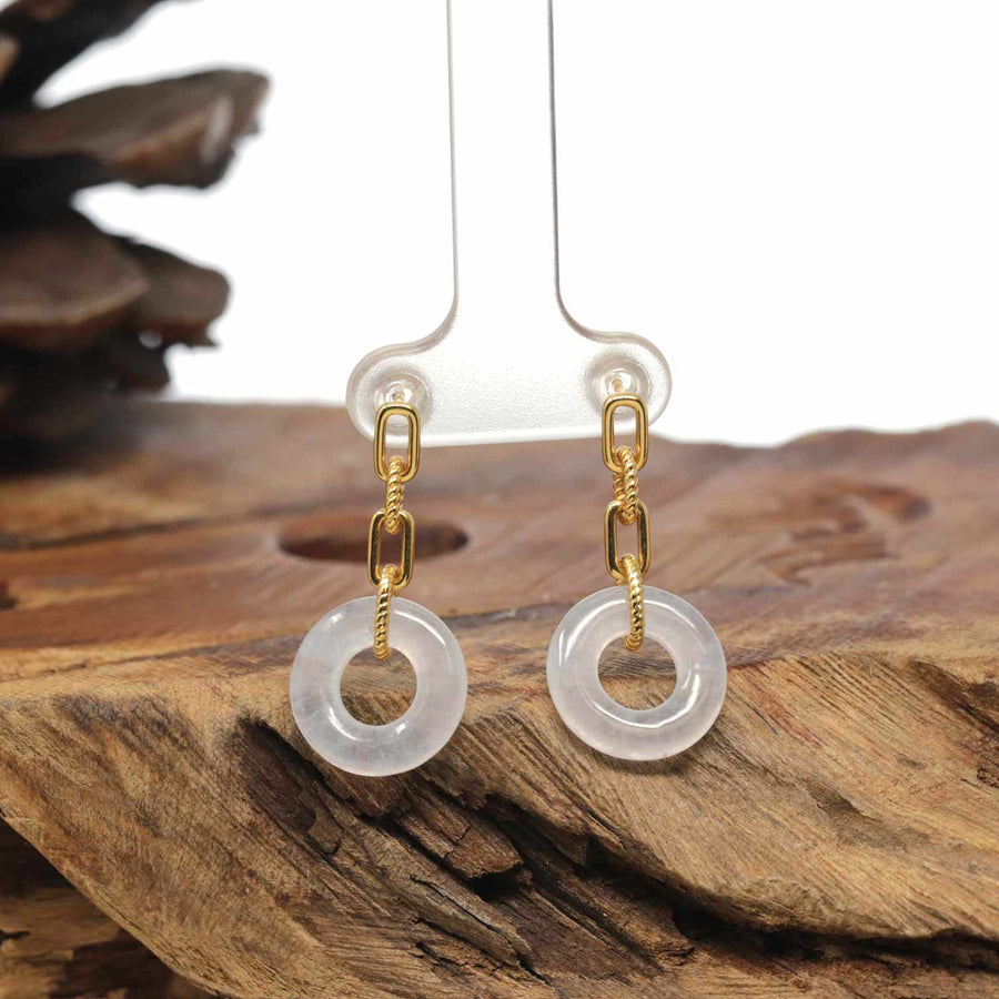Baikalla Natural Icy Jadeite Jade "Ping An Kou"  18ky Gold Paper Clip Dangle Earrings