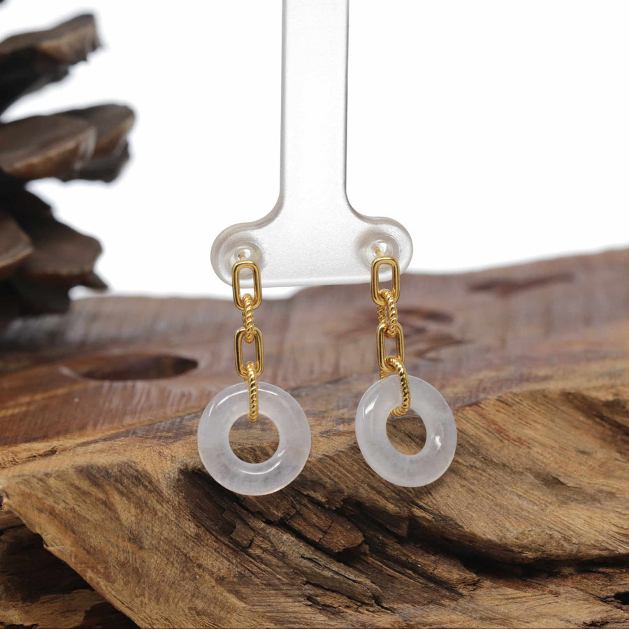 Baikalla Natural Icy Jadeite Jade "Ping An Kou"  18ky Gold Paper Clip Dangle Earrings