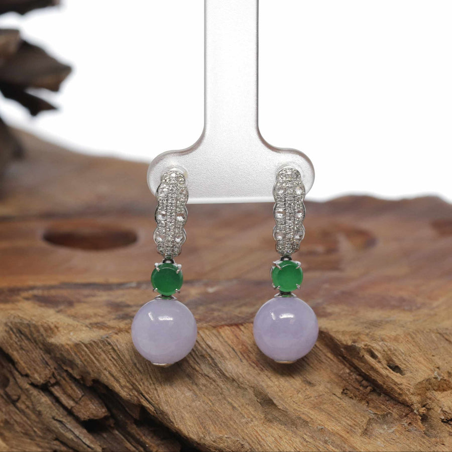 Baikalla Natural Lavender & Imperial Green Jadeite Jade Dangle Earrings W/ 18kw Gold & Natural Diamonds