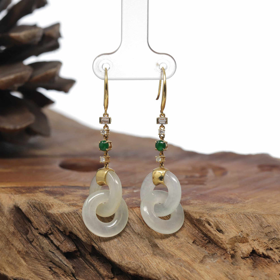 Baikalla Natural Icy Faint Yellow Jadeite Jade "Double KouKou" Dangle Earrings W/ 18ky Gold & Natural Diamonds