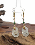 Baikalla Natural Icy Faint Yellow Jadeite Jade "Double KouKou" Dangle Earrings W/ 18ky Gold & Natural Diamonds