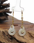 Baikalla Natural Icy Faint Yellow Jadeite Jade "Double KouKou" Dangle Earrings W/ 18ky Gold & Natural Diamonds