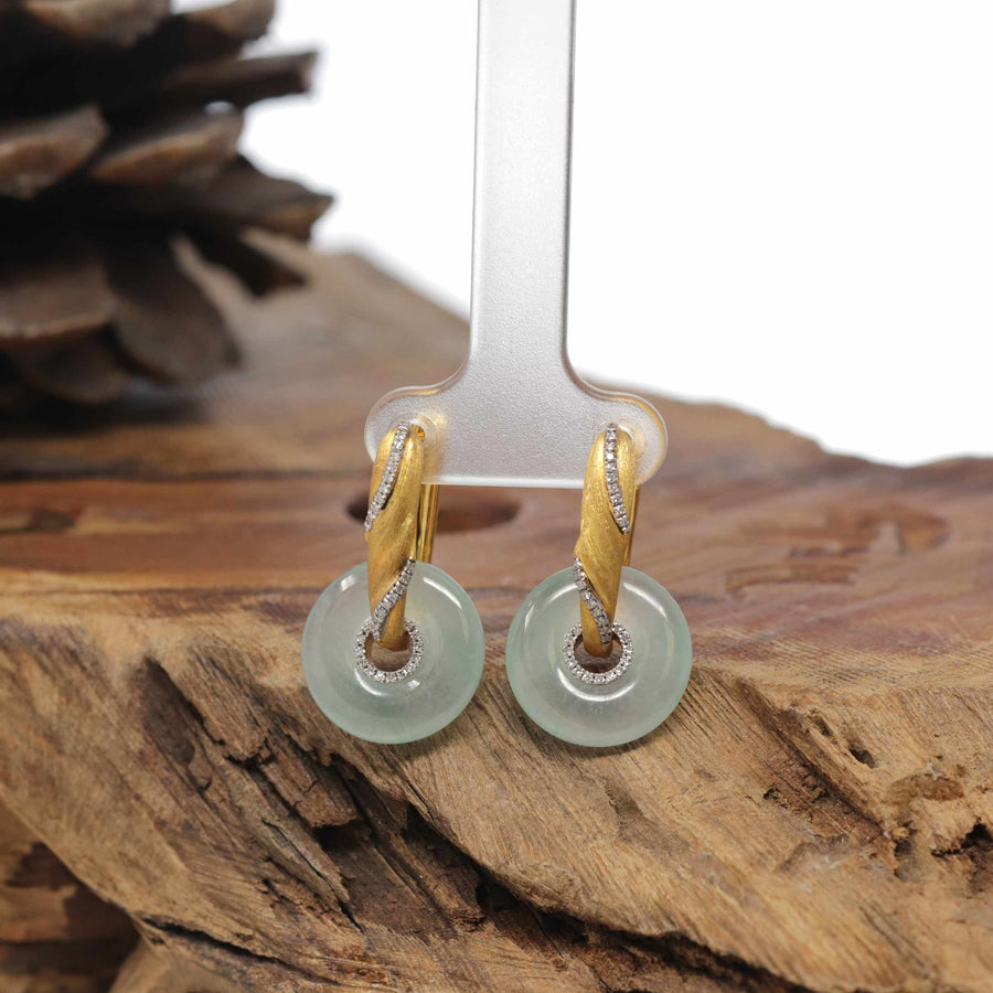 Baikalla Natural Icy Light Green Jadeite Jade "Ping An Kou" Dangle Earrings W/ 18ky Gold & Natural Diamonds