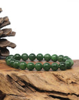 Baikalla Natural Forest-Green Nephrite Jade Round Bead Bracelet (9.6mm)