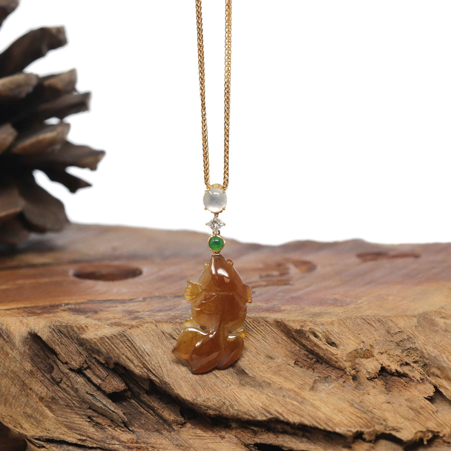 Baikalla 18K Yellow Gold "Lucky Fish" Orange-Red Jadeite Jade Pendant W/ Natural Diamond