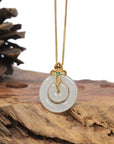 Baikalla "Double Ping An Kou" (Good Luck Button) 18K Yellow Gold Natural Icy White Jadeite Jade Pendant W/ Imperial Jade