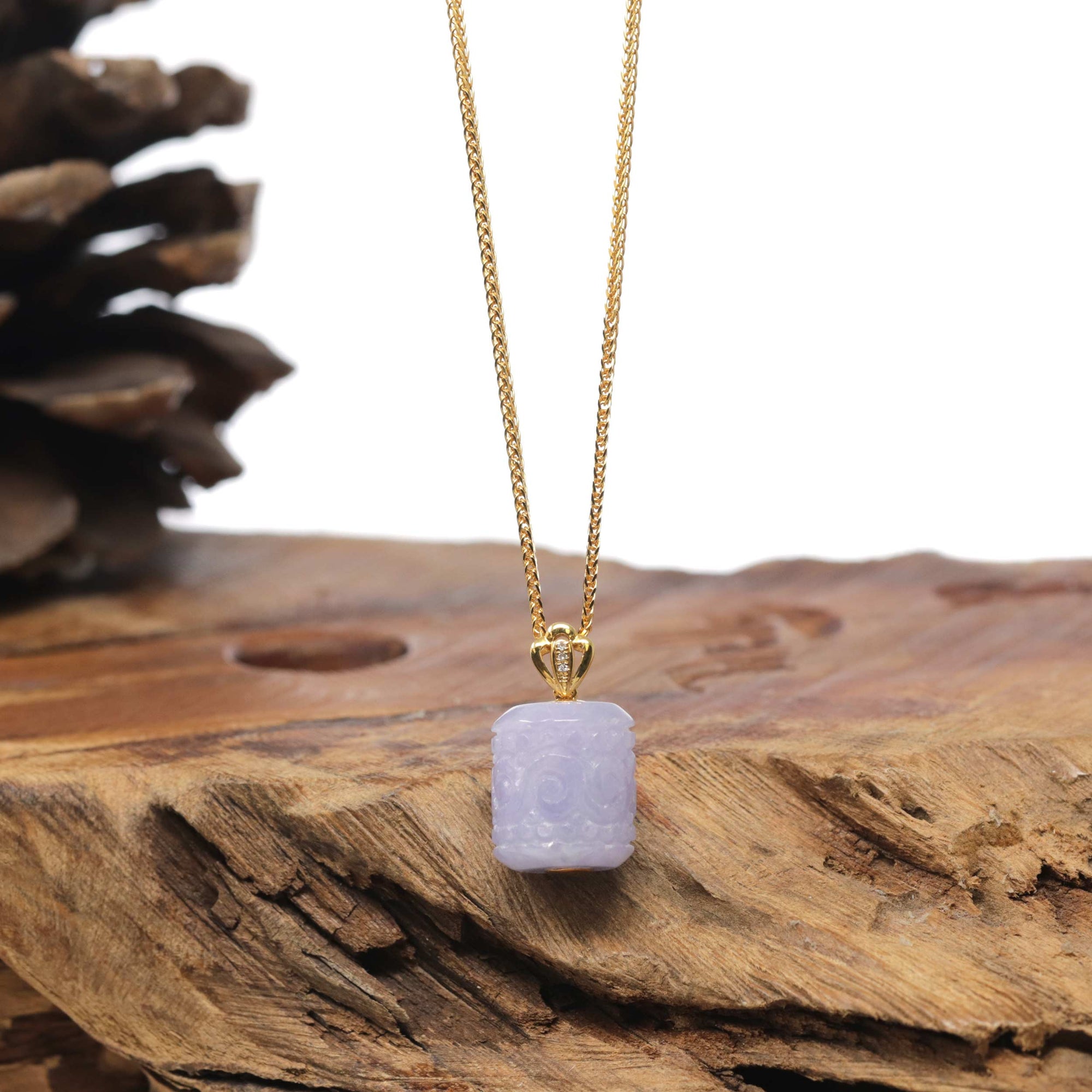 Baikalla 18K Yellow Gold "TongTong" (Good Luck Button) Natural Vixen Lavender Jadeite Jade Pendant W/ Natural Diamonds