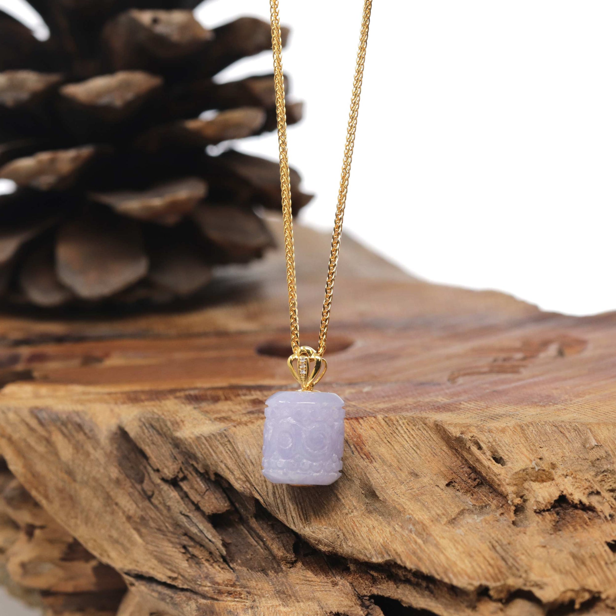 Baikalla 18K Yellow Gold "TongTong" (Good Luck Button) Natural Vixen Lavender Jadeite Jade Pendant W/ Natural Diamonds