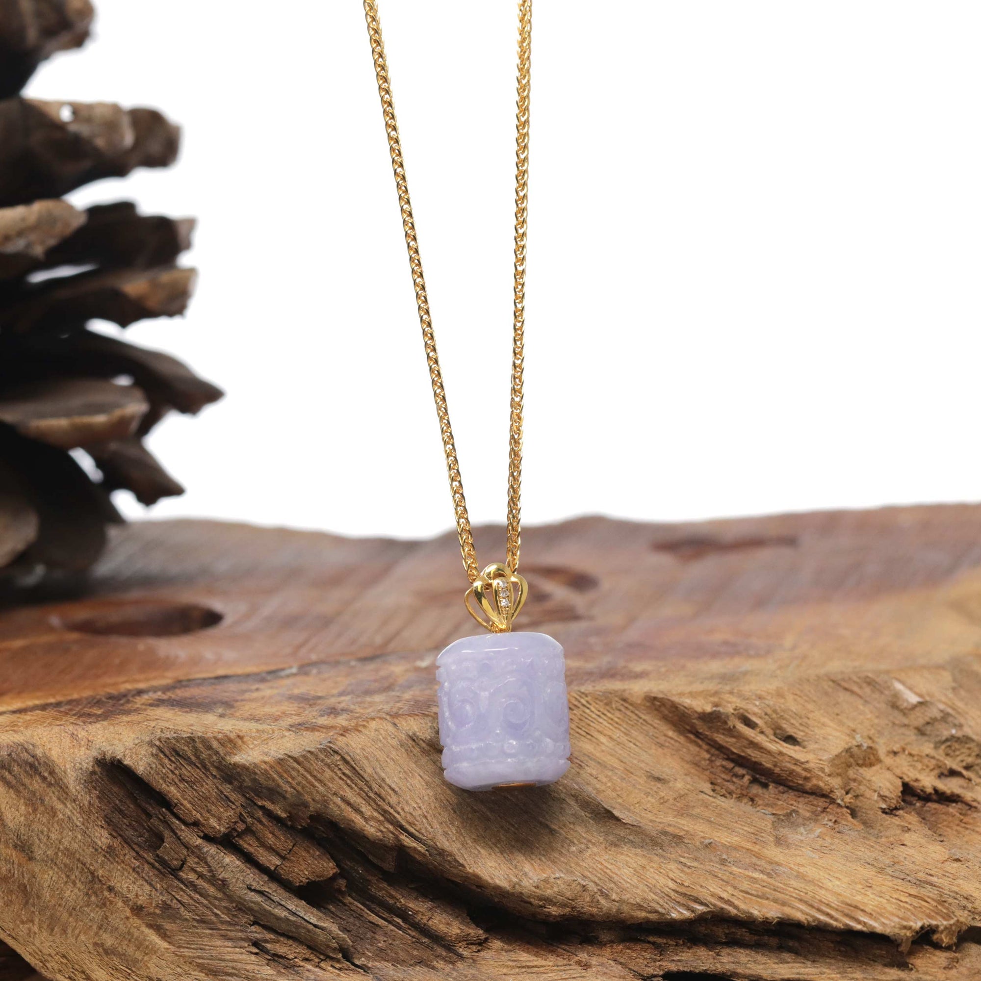 Baikalla 18K Yellow Gold "TongTong" (Good Luck Button) Natural Vixen Lavender Jadeite Jade Pendant W/ Natural Diamonds