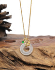 Baikalla 18K Yellow Gold "Ping An Kou" (Good Luck Button) Natural Icy White Jadeite Jade Pendant W/ Fish Bail & Natural Diamonds