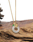 Baikalla 18K Yellow Gold "Ping An Kou" (Good Luck Button) Natural Icy White Jadeite Jade Pendant W/ Fish Bail & Natural Diamonds