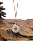 Baikalla 18K Yellow Gold "Ping An Kou" (Good Luck Button) Natural Icy White Jadeite Jade Pendant W/ Fish Bail & Natural Diamonds