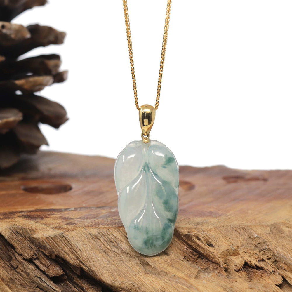 Baikalla 18K Yellow Gold "Jin Zhi Yu Ye" (Leaf) Natural Icy Light Green & Deep Blue-Green Flower Jadeite Jade Pendant