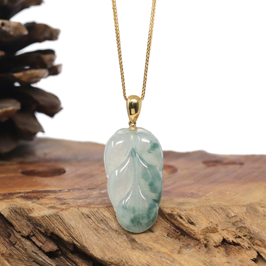 Baikalla 18K Yellow Gold "Jin Zhi Yu Ye" (Leaf) Natural Icy Light Green & Deep Blue-Green Flower Jadeite Jade Pendant