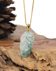 Baikalla 18K Yellow Gold "Jin Zhi Yu Ye" (Leaf) Natural Icy Light Green & Deep Blue-Green Flower Jadeite Jade Pendant