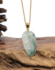 Baikalla 18K Yellow Gold "Jin Zhi Yu Ye" (Leaf) Natural Icy Light Green & Deep Blue-Green Flower Jadeite Jade Pendant