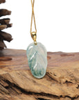 Baikalla 18K Yellow Gold "Jin Zhi Yu Ye" (Leaf) Natural Icy Light Green & Deep Blue-Green Flower Jadeite Jade Pendant