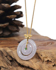 Baikalla 18K Yellow Gold Dragonfly Bail "Double Ping An Kou" (Good Luck Button) Natural Icy Light Lavender W/ Grey Wuji Flecks Jadeite Jade Pendant