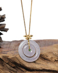 Baikalla 18K Yellow Gold Dragonfly Bail "Double Ping An Kou" (Good Luck Button) Natural Icy Light Lavender W/ Grey Wuji Flecks Jadeite Jade Pendant