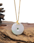 Baikalla 18K Yellow Gold "Ping An Kou" (Good Luck Button) Natural Icy White W/ Green Patch Jadeite Jade Pendant