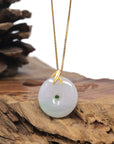 Baikalla 18K Yellow Gold "Ping An Kou" (Good Luck Button) Natural Icy White W/ Green Patch Jadeite Jade Pendant