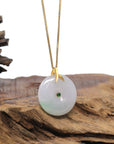 Baikalla 18K Yellow Gold "Ping An Kou" (Good Luck Button) Natural Icy White W/ Green Patch Jadeite Jade Pendant