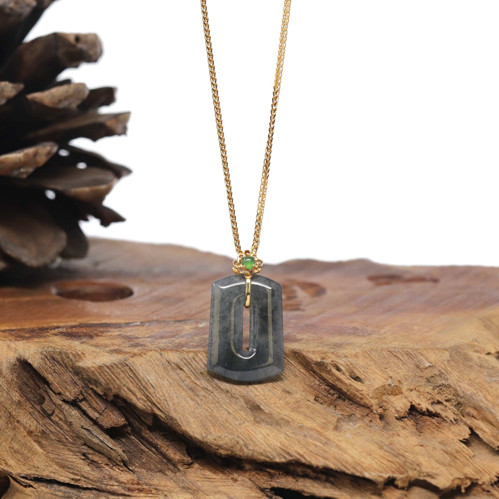 Baikalla 18k Yellow Gold Icy Black Wuji Jadeite Jade Pendant W/ Imperial Green Jade
