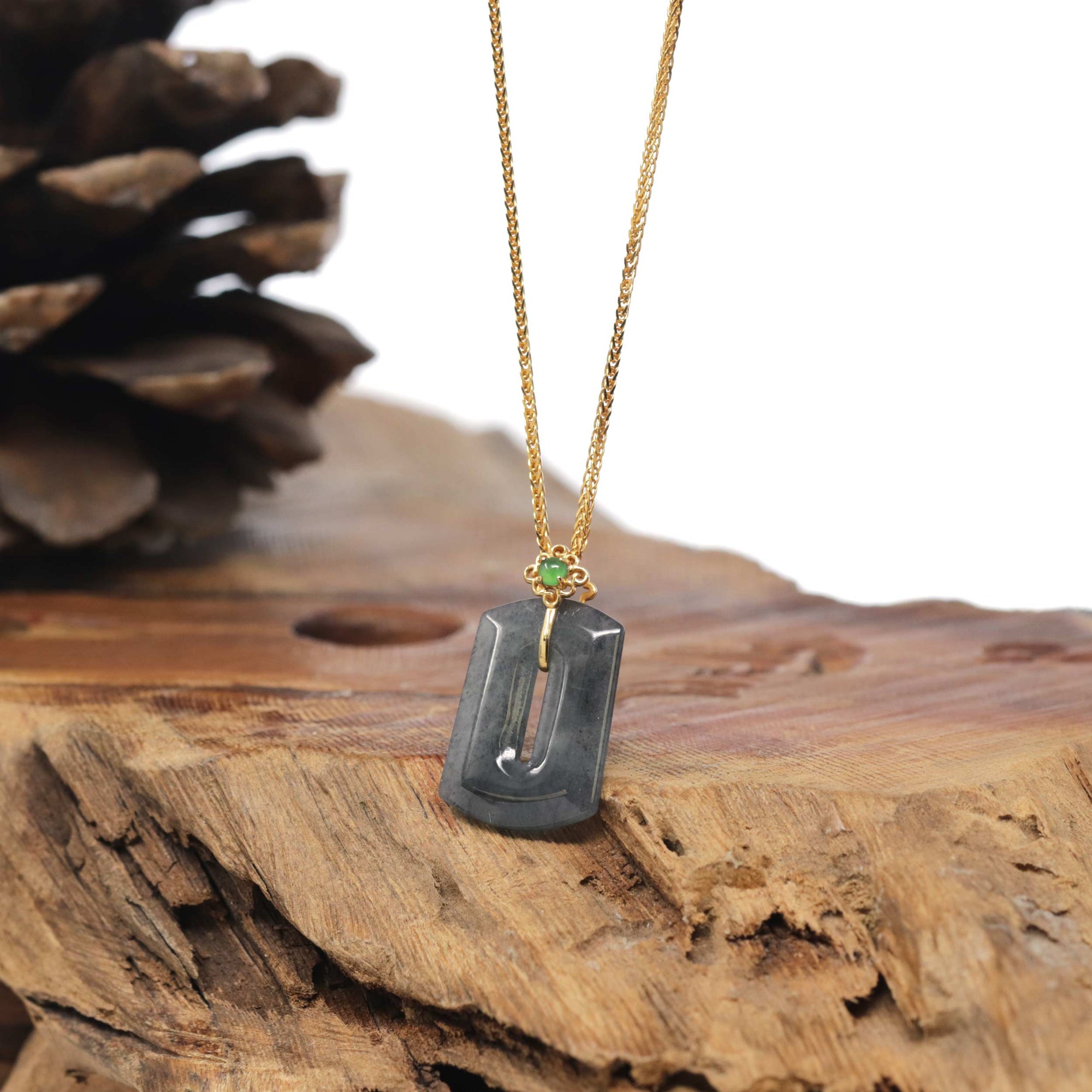 Baikalla 18k Yellow Gold Icy Black Wuji Jadeite Jade Pendant W/ Imperial Green Jade
