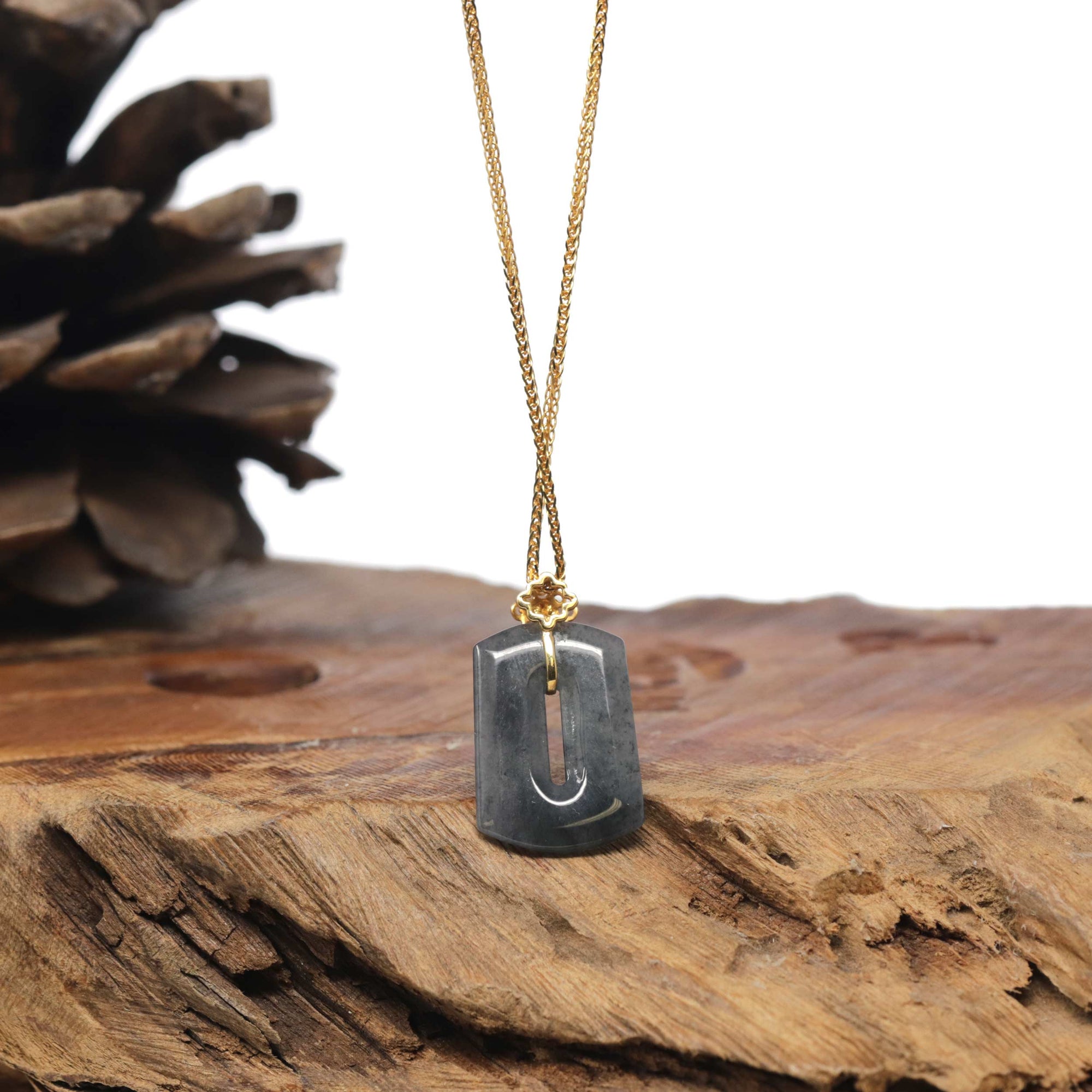 Baikalla 18k Yellow Gold Icy Black Wuji Jadeite Jade Pendant W/ Imperial Green Jade