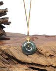 Baikalla 18K Yellow Gold "Ping An Kou" (Good Luck Button) Natural Icy Black Wuji & Green Jadeite Jade Pendant