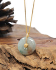 Baikalla Natural Icy Blue-Green W/ Red Flower Patch Jadeite Jade "Ping An Kou" (Good Luck Button) Pendant W/ 18ky Gold Bail & Natural Diamonds