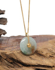 Baikalla Natural Icy Blue-Green W/ Red Flower Patch Jadeite Jade "Ping An Kou" (Good Luck Button) Pendant W/ 18ky Gold Bail & Natural Diamonds