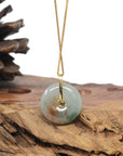 Baikalla Natural Icy Blue-Green W/ Red Flower Patch Jadeite Jade "Ping An Kou" (Good Luck Button) Pendant W/ 18ky Gold Bail & Natural Diamonds
