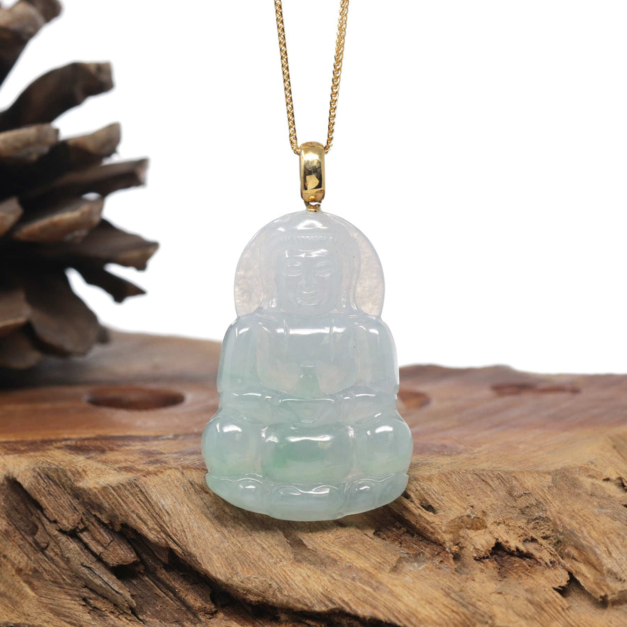 Baikalla 18K Yellow Gold "Guan Yin" Icy White & Light Blue-Green Jadeite Jade Pendant