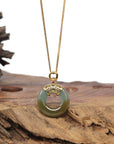 Baikalla 18K Yellow Gold "Ping An Kou" (Good Luck Button) Natural Icy Blue-Green & Deep Yellow-Green Jadeite Jade Pendant W/ Natural Diamond & Ruby