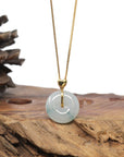 Baikalla 18K Yellow Gold "Ping An Kou" (Good Luck Button) Natural Icy Light Blue-Green Flower Jadeite Jade Pendant W/ Heart Bail