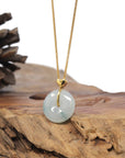 Baikalla 18K Yellow Gold "Ping An Kou" (Good Luck Button) Natural Icy Light Blue-Green Flower Jadeite Jade Pendant W/ Heart Bail
