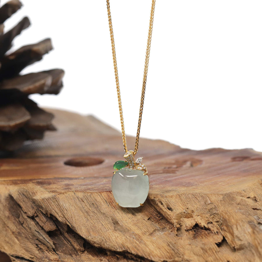 Baikalla 18K Yellow Gold "Apple" Natural Icy Light Green Jadeite Jade Pendant W/ Natural Diamonds