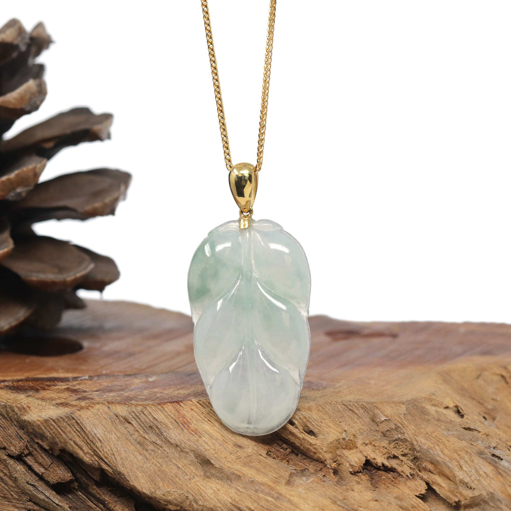 Baikalla 18K Yellow Gold "Jin Zhi Yu Ye" (Leaf) Natural Icy White & Green Jadeite Jade Pendant